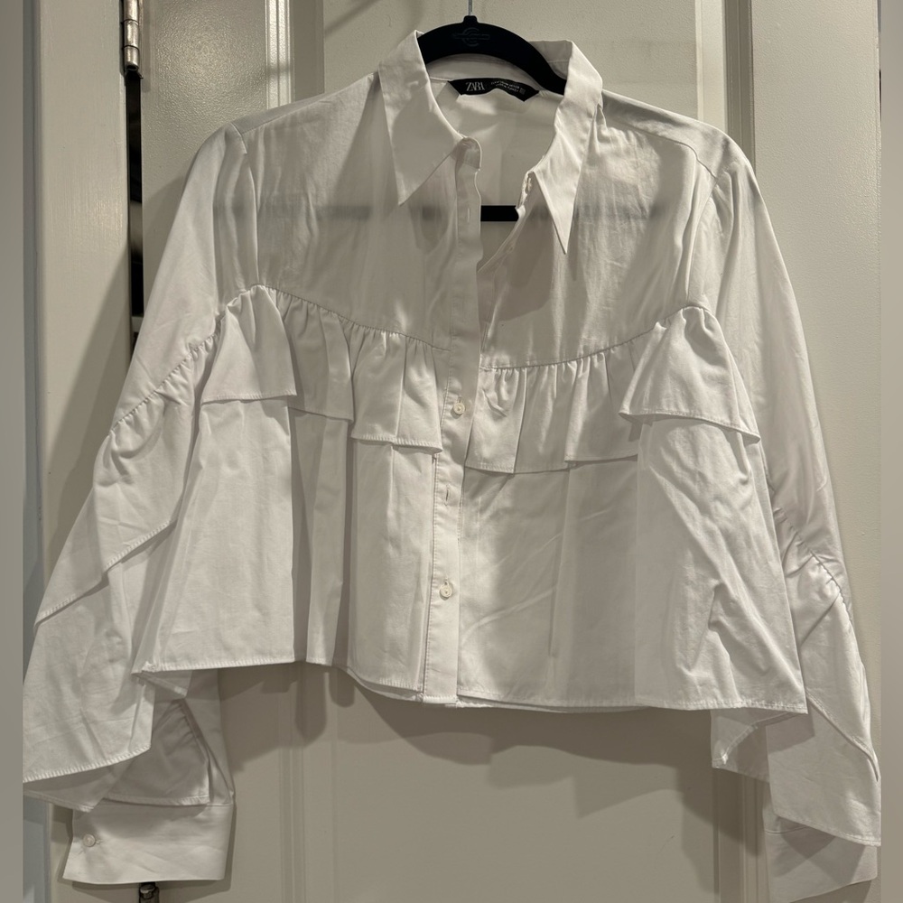 Zara Ruffle Cropped Button Down Shirt - image 1